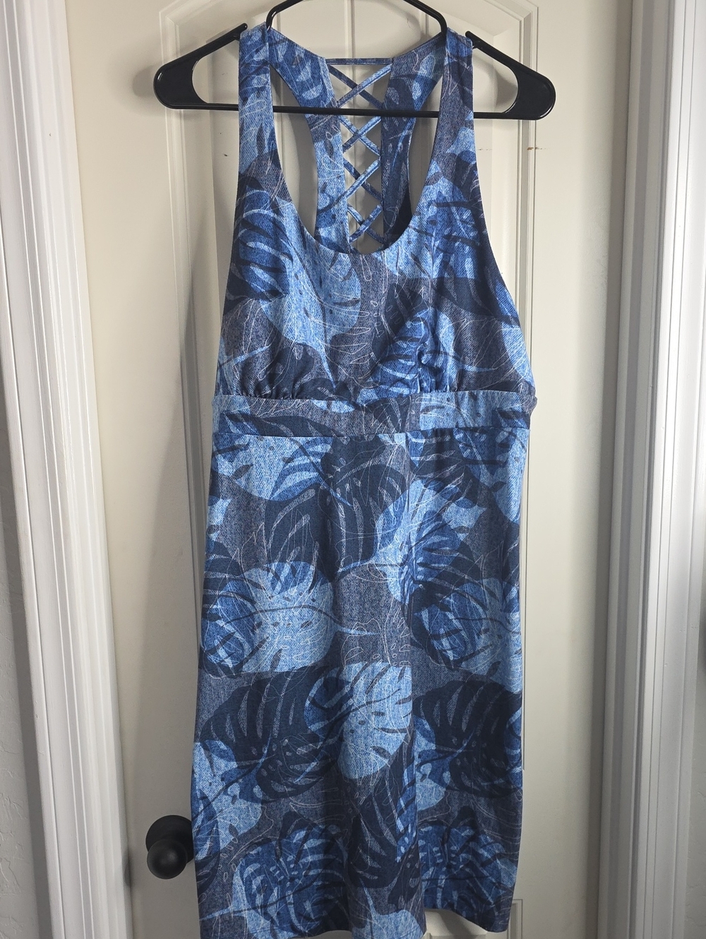 Girls Blue Tropical Leaf One-Piece with Crisscross Back